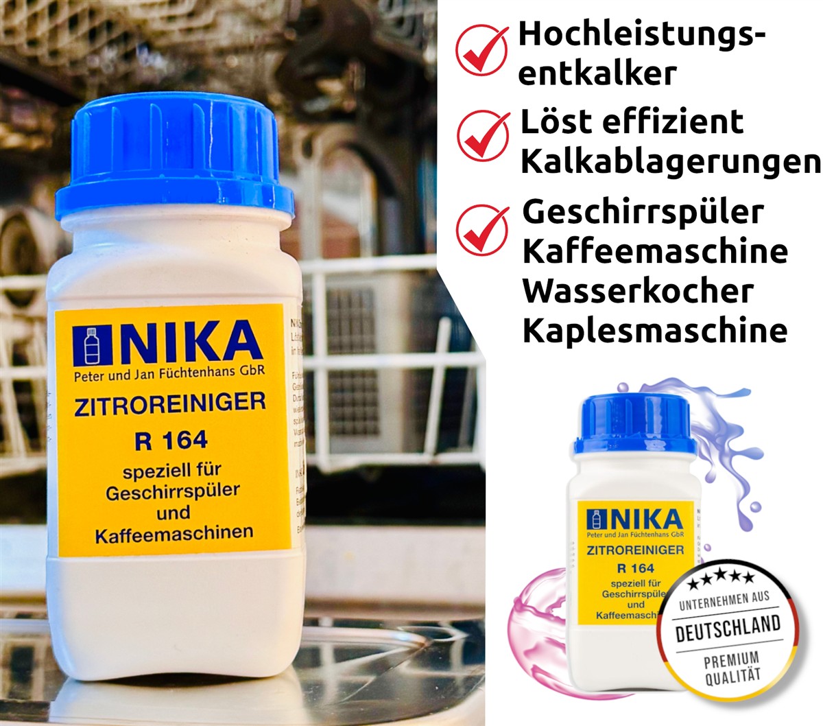 NIKA Pulver R164 Entkalker für Geschirrspüler und Kaffeemaschinen 250g